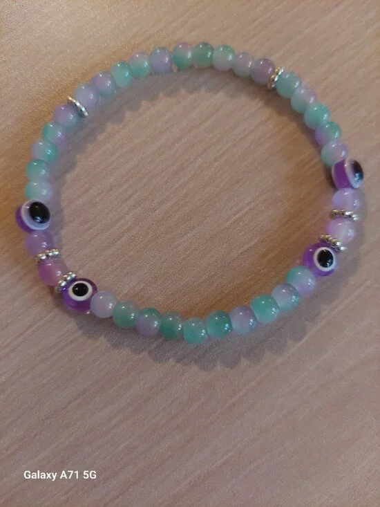 Handmade Gemstone Beaded Bracelet W/ Evil Eye Charms - Picture 1 of 3